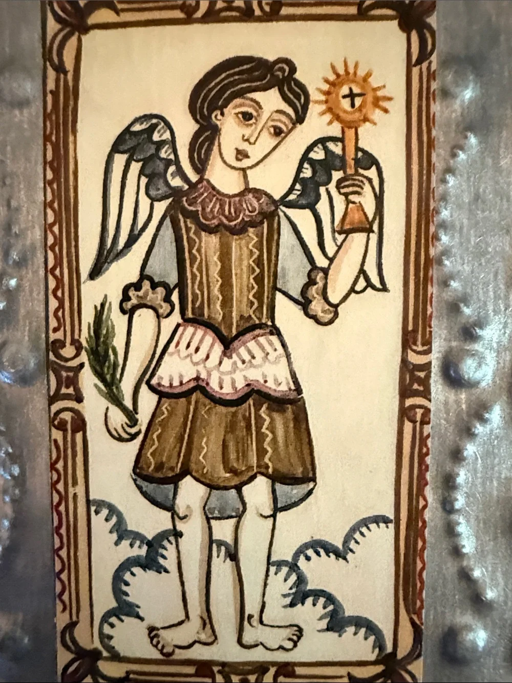 Handcrafted San Gabriel Religious Silver-Tone Punched Tin Angel Wall Plaque -